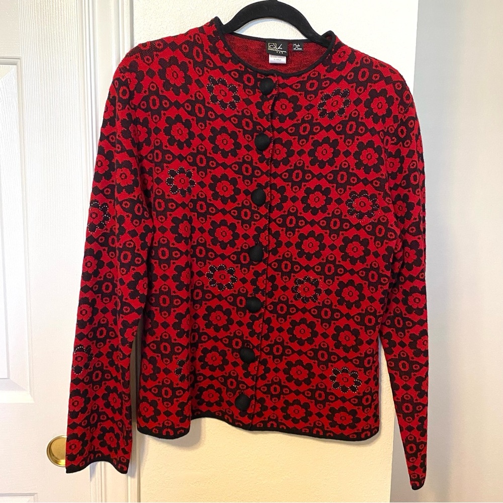 CoVelo Red and Black Silk Wool Cotton Cashmere Blend Button Sweater Jacket